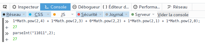 copie écran console Math.pow